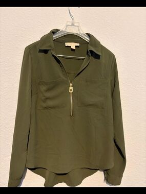 Michael Kors Olive Green Zip-Front Button-Down Blouse